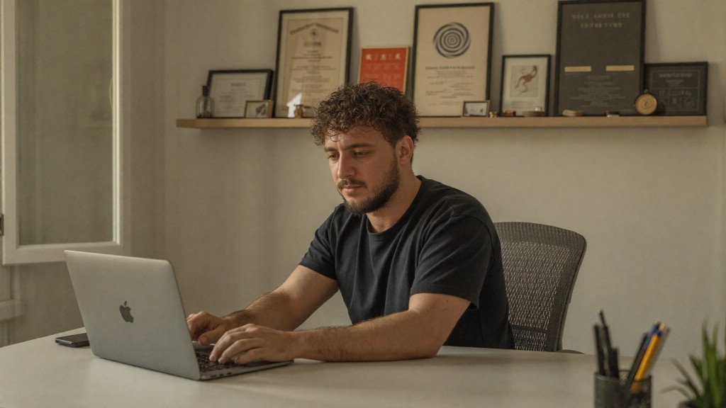 Konzentrierte Arbeit am Suchmaschinen- und KI-Sichtbarkeits-Setup — strategische digitale Auffindbarkeit.