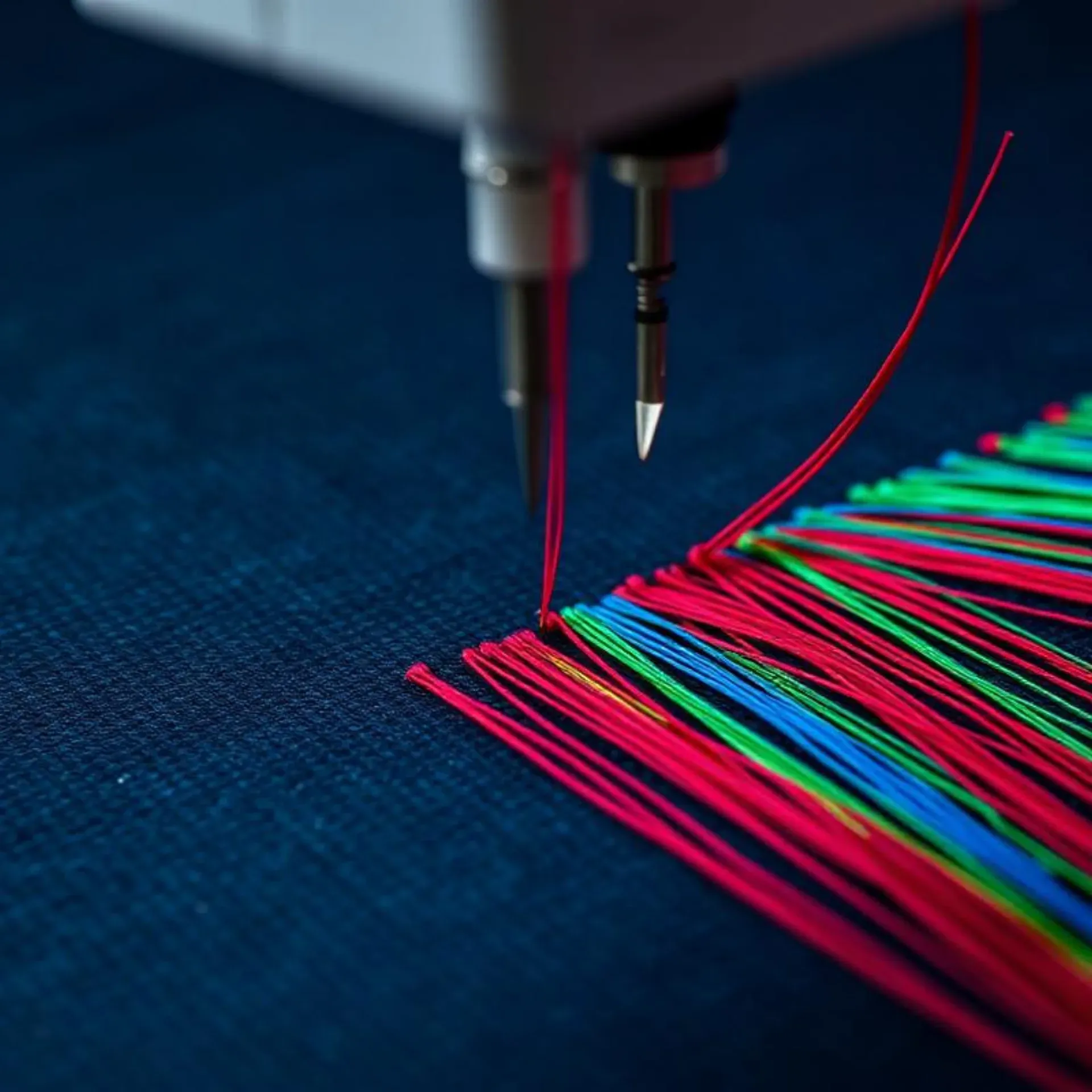 Bunte Stickgarne in der Stickmaschine.