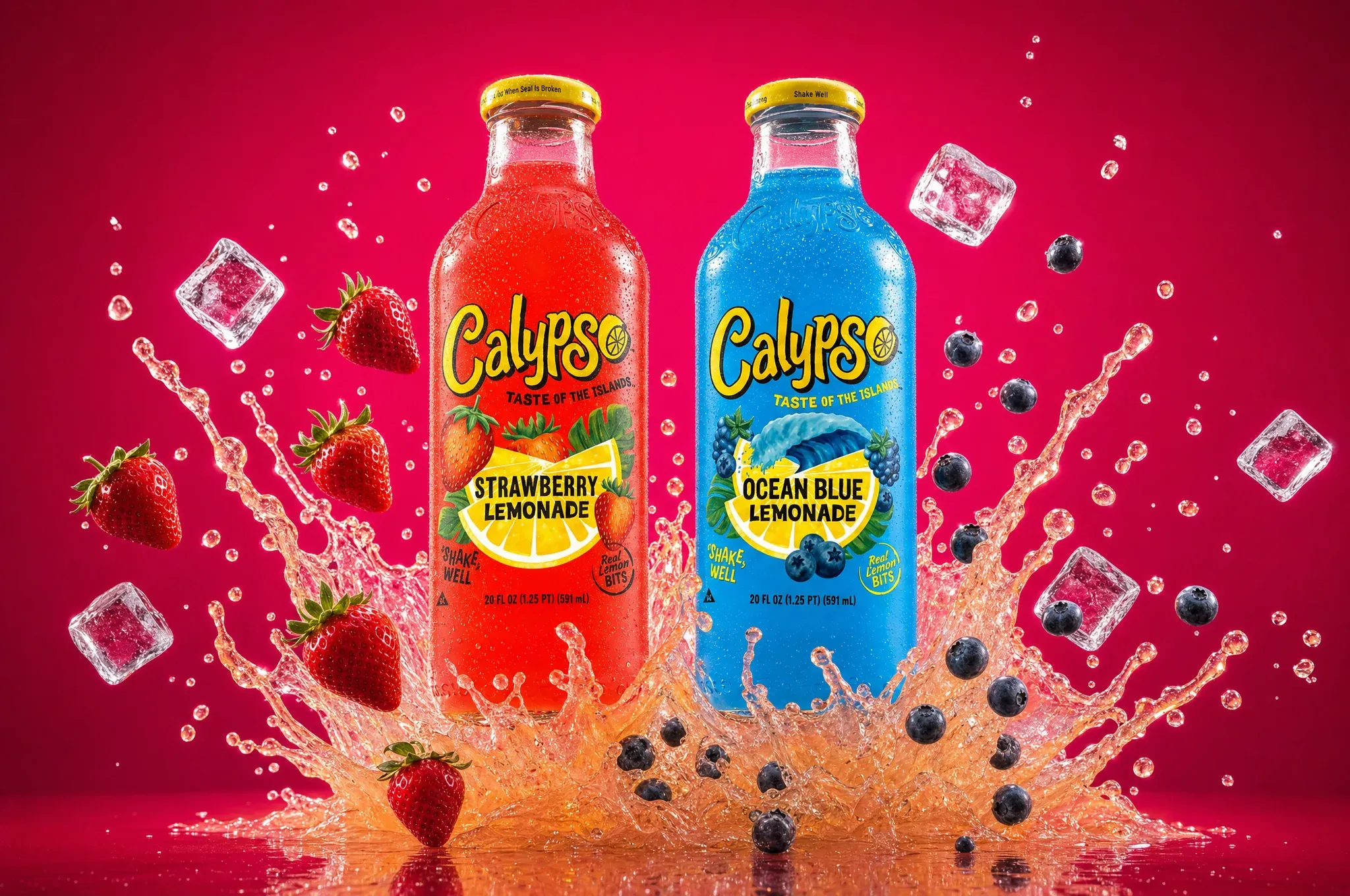 Calypso Strawberry und Ocean Blue Lemonade Flaschen in einem Splash mit Eiswürfeln und Früchten.