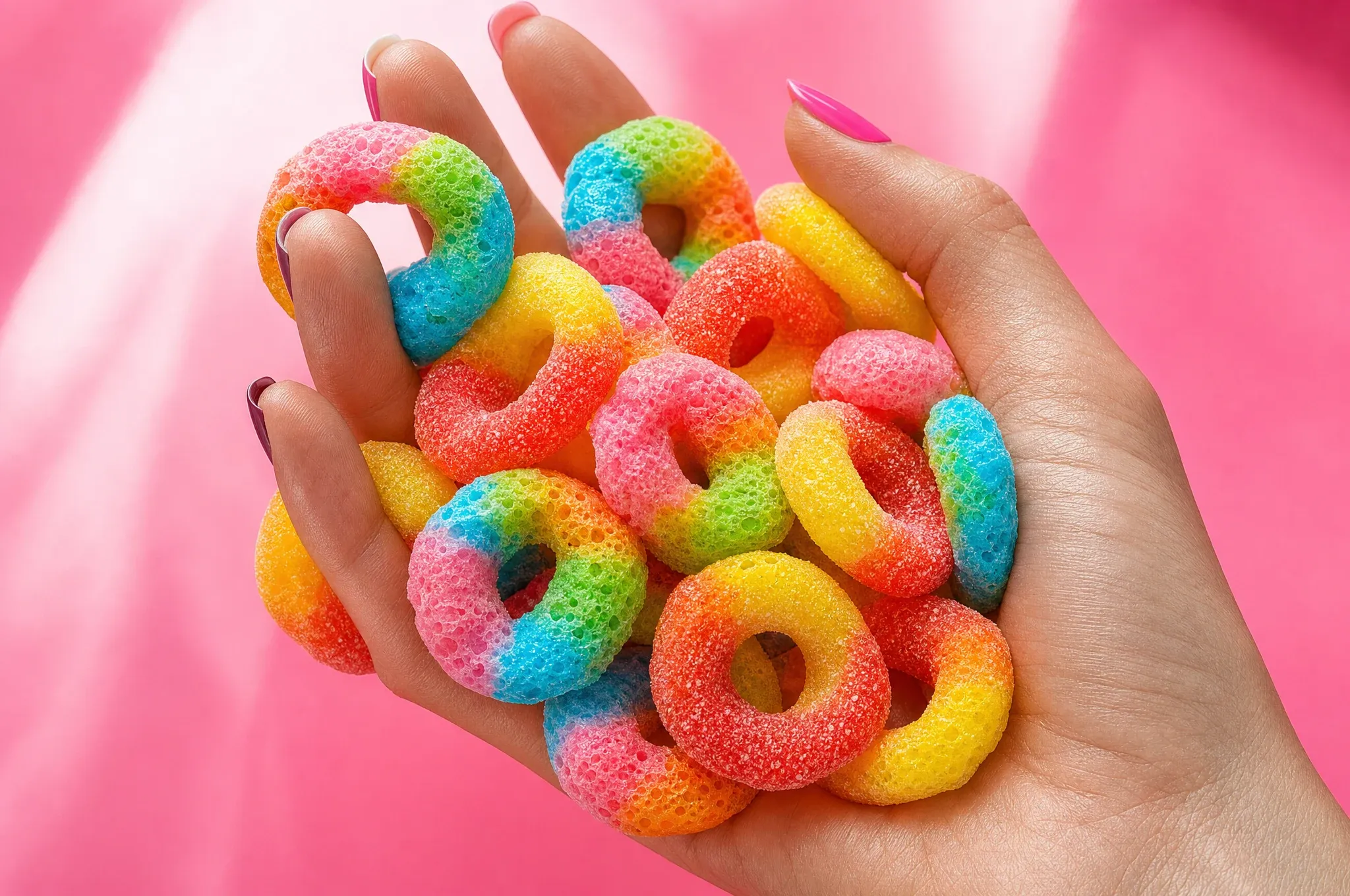 Hand voller bunter gefriergetrockneter Fruchtgummi-Ringe.