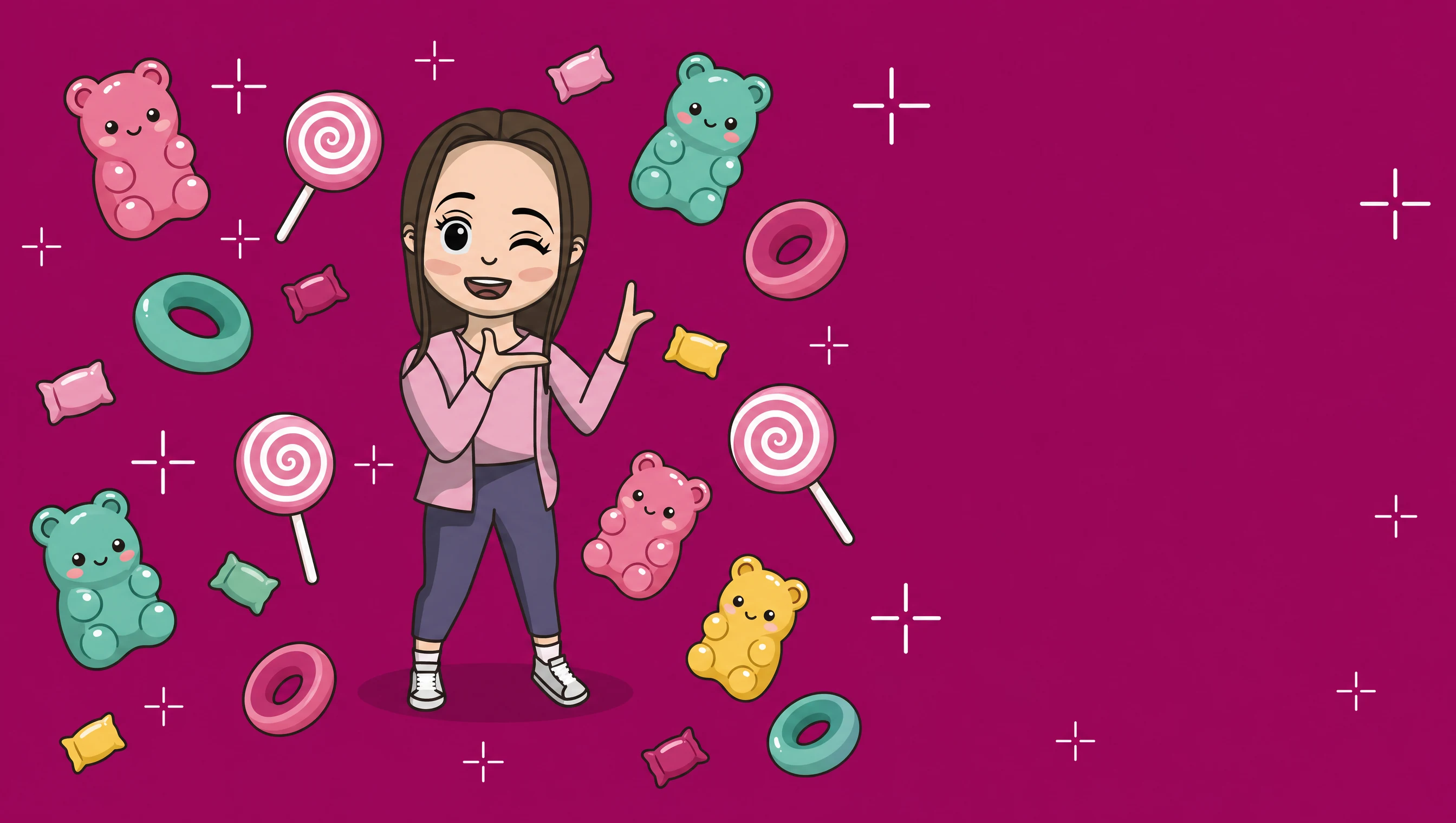 Gezeichnete Lia-Figur umgeben von bunten Süßigkeiten im Cartoon-Stil von Lia Candy.