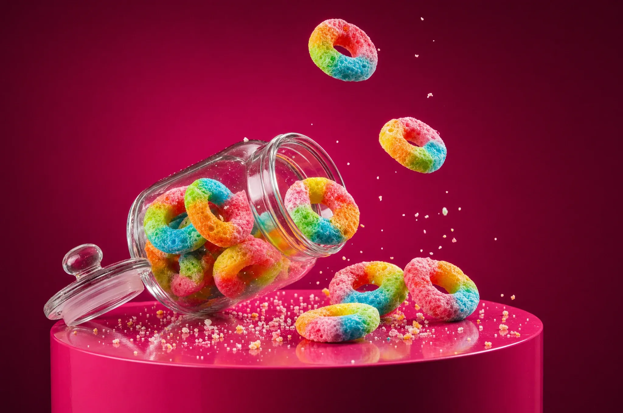 Umgekipptes Bonbonglas mit herausfallenden gefriergetrockneten Regenbogen-Ringen auf pinkem Podest.