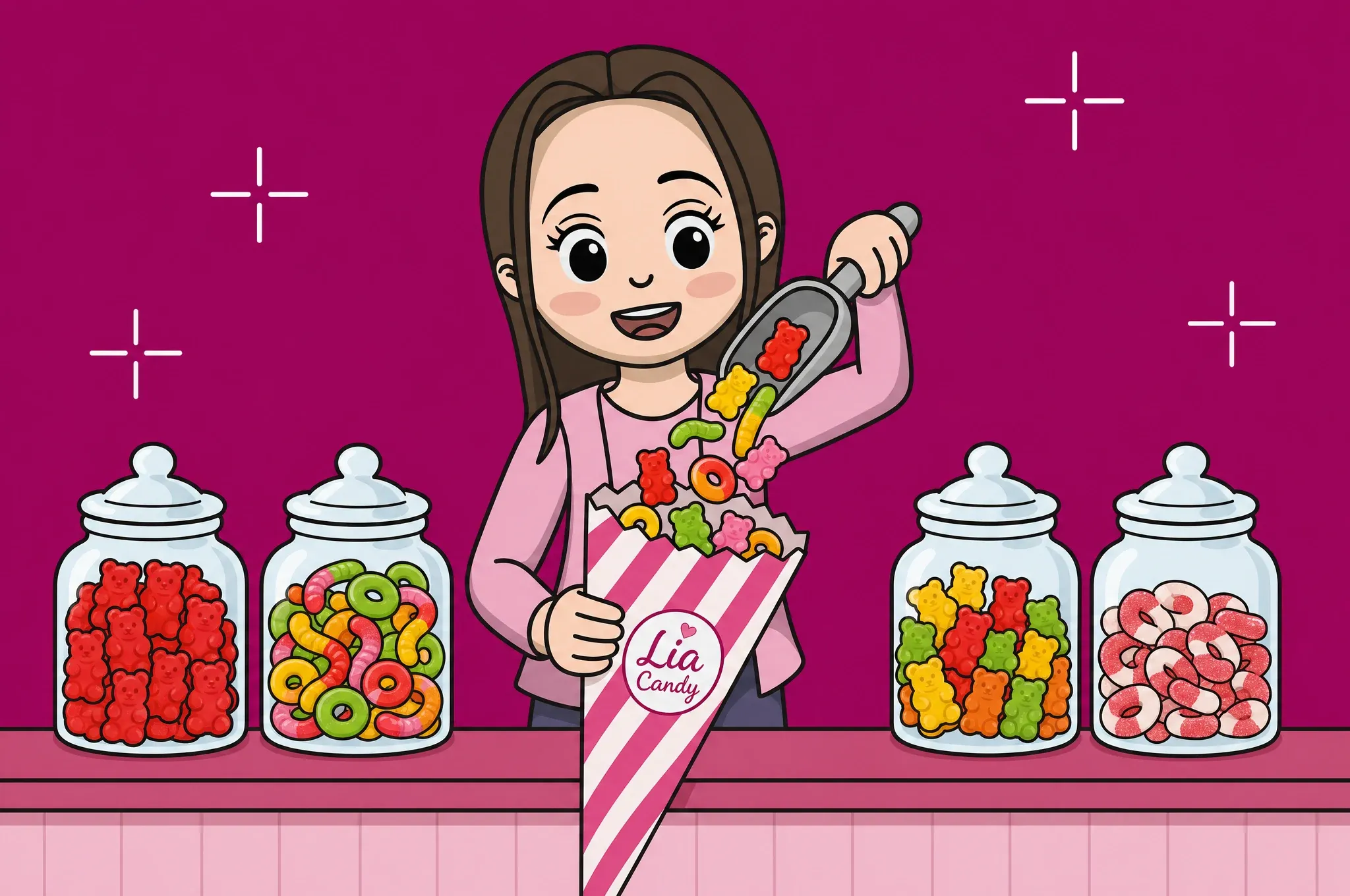 Gezeichnete Lia-Figur befüllt eine gestreifte Lia-Candy-Wunschtüte an der Candy-Bar.