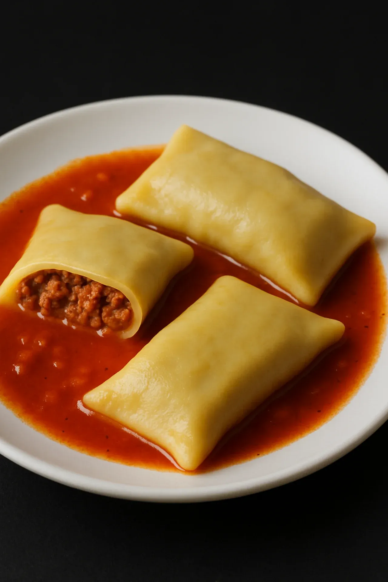 Maultaschen mit Bolognesefüllung in Tomatensauce, angerichtet auf weißem Teller.