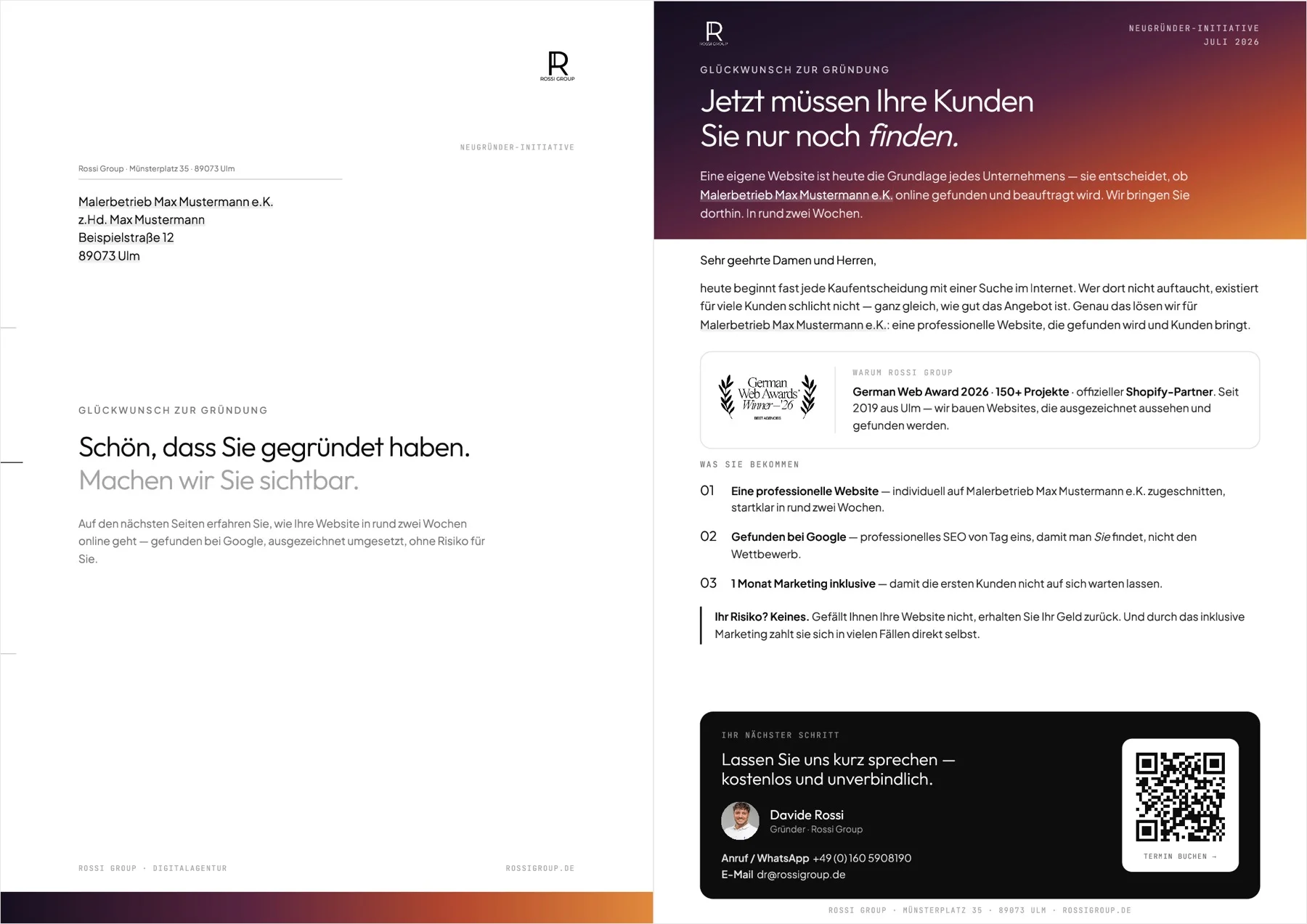 Beispiel eines Werbebriefs der Rossi Group im DIN-A4-Format, farbig gedruckt mit QR-Code.